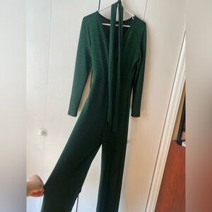 Sparkly Glitter Green Striped Metallic Wide-Leg Jumpsuit Holidays / Matrix Party